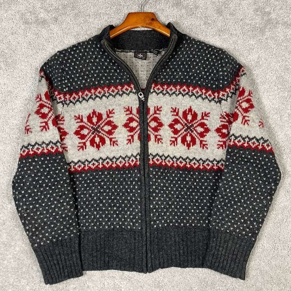 Skyr Mens Small 100% Wool Full Zip Snowflake Fair Isle Sweater Grey Red White